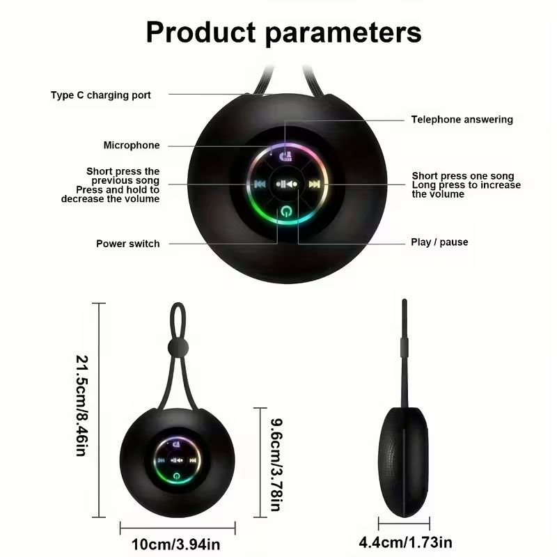Portable Wireless Speaker, Outdoor Sports Lanyard Wireless Speaker, USB Rechargeable Black Speaker, Playback Time Of 2 Hours, 3.7V/400mAh Battery 5.0 Wireless Version, Suitable For Parties, Bathrooms