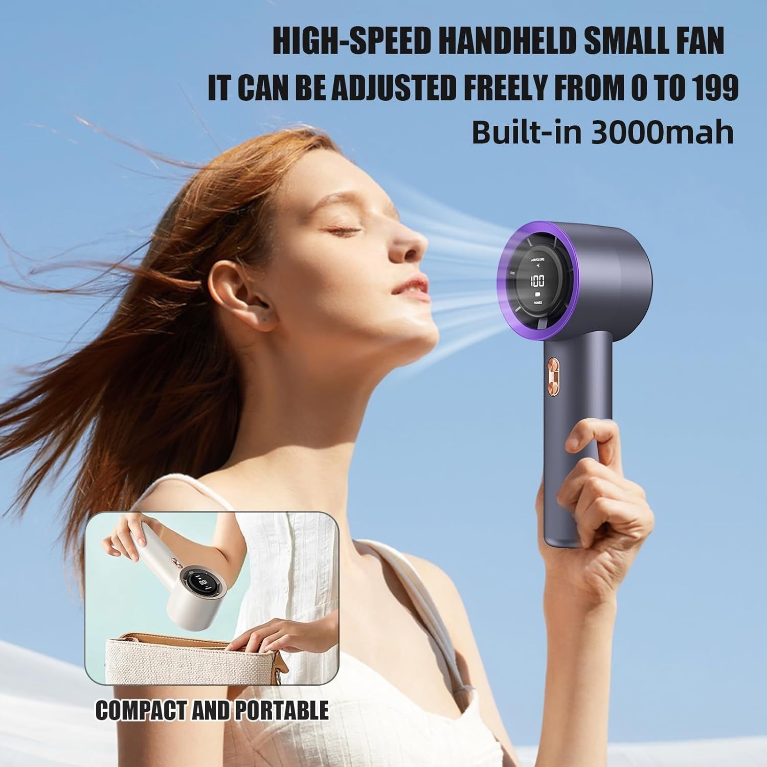 Handheld Portable Turbo Fan, Speed 1-199 Adjustable, 5H Cooling Time, Digital Display, 3000mAh Rechargeable Battery, Personal Fan for Outdoor/Home/Travel/Office