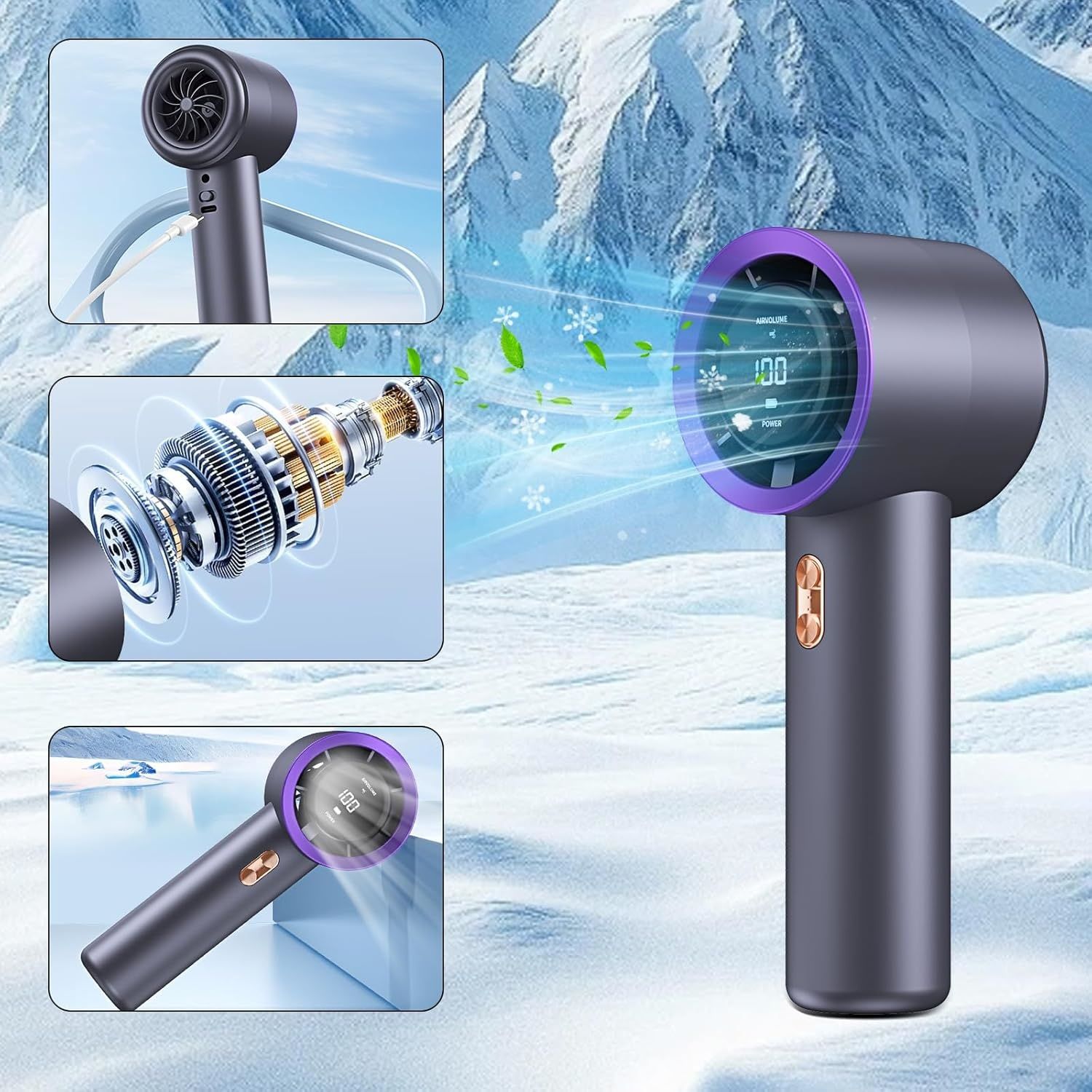 Handheld Portable Turbo Fan, Speed 1-199 Adjustable, 5H Cooling Time, Digital Display, 3000mAh Rechargeable Battery, Personal Fan for Outdoor/Home/Travel/Office