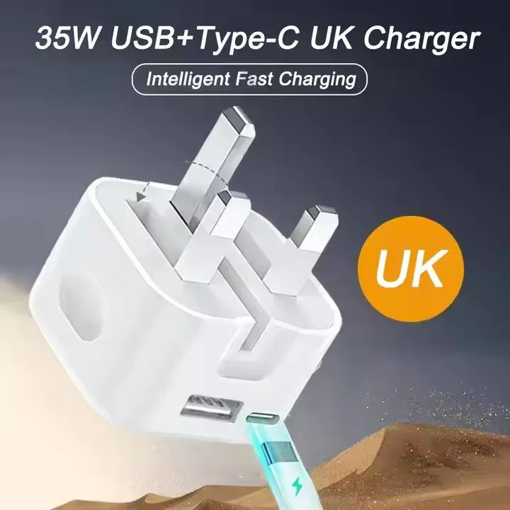 AVA 35W Micro USB-C&USB-A Fast Charger Plug – Dual Port Wall Adapter with PD 3.0 & PPS Foldable UK 3-Pin 35W High-Speed USBC Charging for iPhone 17/16/15/14, Galaxy, Pixel, iPad