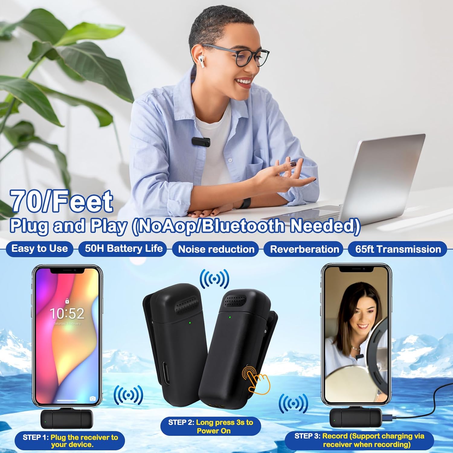2-in-1 Microphone Wireless Bluetooth Mobile Phone Mini Microphone for Recording Video Recording YouTube/Streaming/Vlog, Noise Reduction