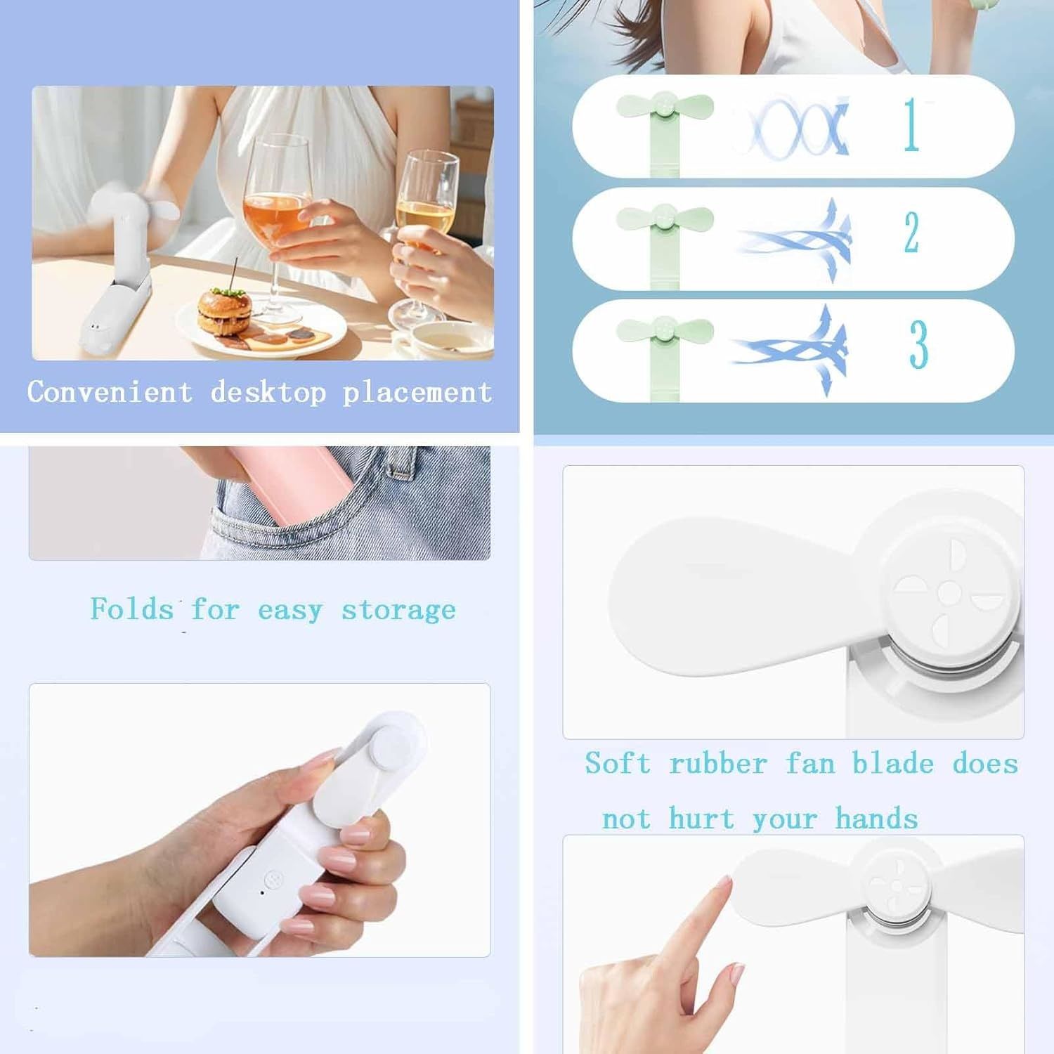 【Final Clearance】Hand Held Fan, Portable USB Rechargeable Mini Handheld Cooling Device, Folding Design, 2000 mAh Battery for Home Travel Outdoor