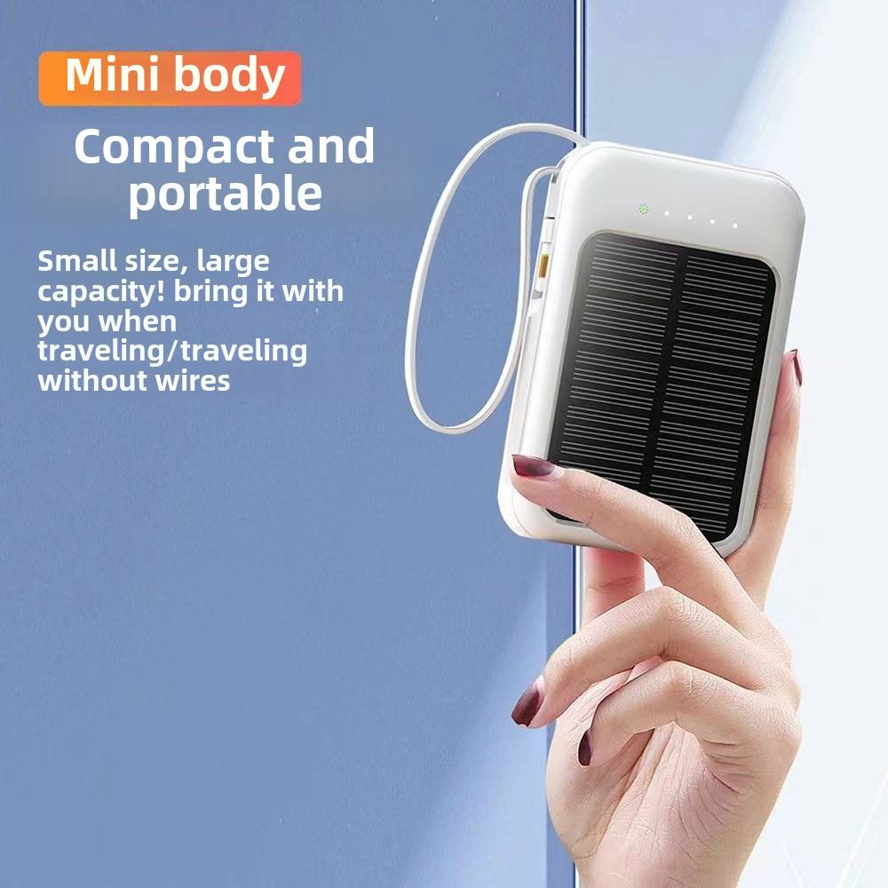 Solar Power Bank 10000mAh,Small Solar Charger Built in 4 Cables,USB C Input/Output,Dual Flashlight External Battery Portable Charger Power Bank for iPhone,Tablet,Samsung