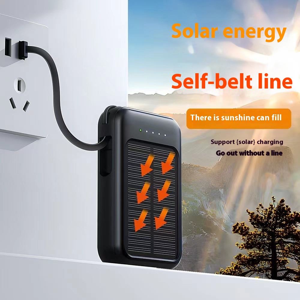 Solar Power Bank 10000mAh,Small Solar Charger Built in 4 Cables,USB C Input/Output,Dual Flashlight External Battery Portable Charger Power Bank for iPhone,Tablet,Samsung