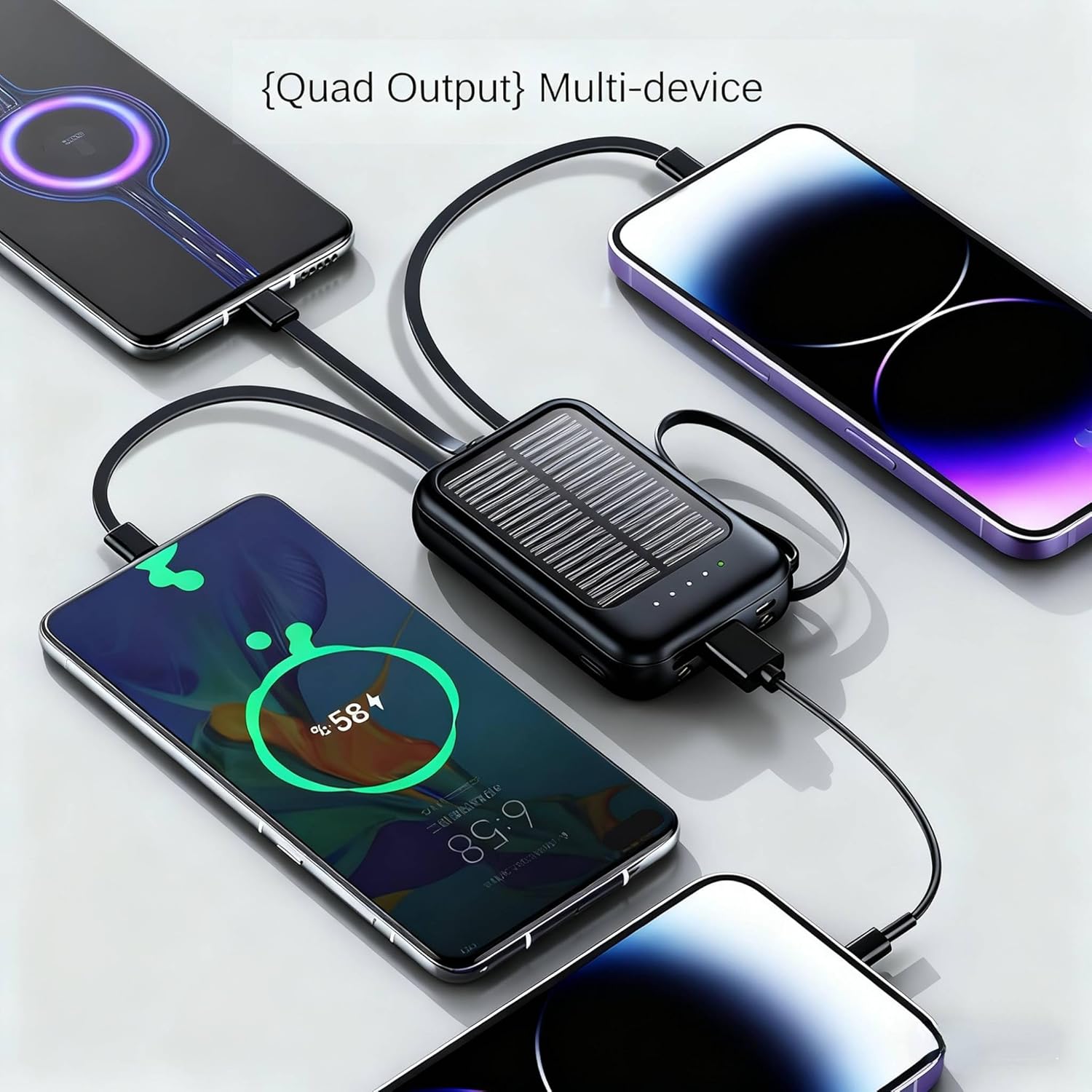 Solar Power Bank 10000mAh,Small Solar Charger Built in 4 Cables,USB C Input/Output,Dual Flashlight External Battery Portable Charger Power Bank for iPhone,Tablet,Samsung