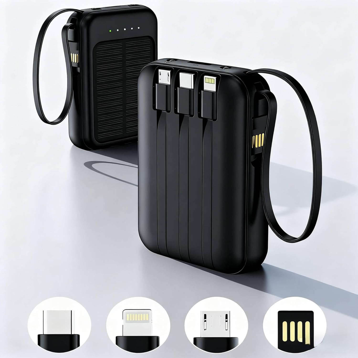 Solar Power Bank 10000mAh,Small Solar Charger Built in 4 Cables,USB C Input/Output,Dual Flashlight External Battery Portable Charger Power Bank for iPhone,Tablet,Samsung