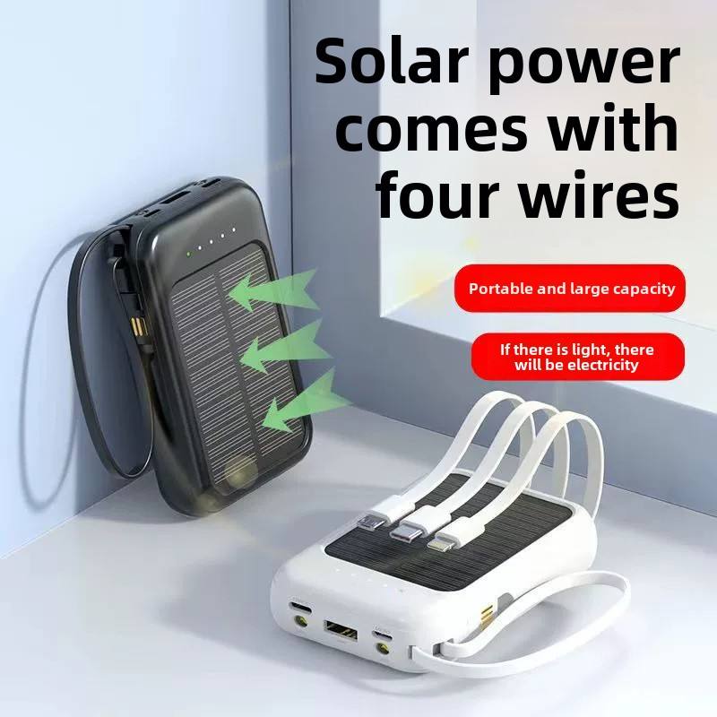 Solar Power Bank 10000mAh,Small Solar Charger Built in 4 Cables,USB C Input/Output,Dual Flashlight External Battery Portable Charger Power Bank for iPhone,Tablet,Samsung