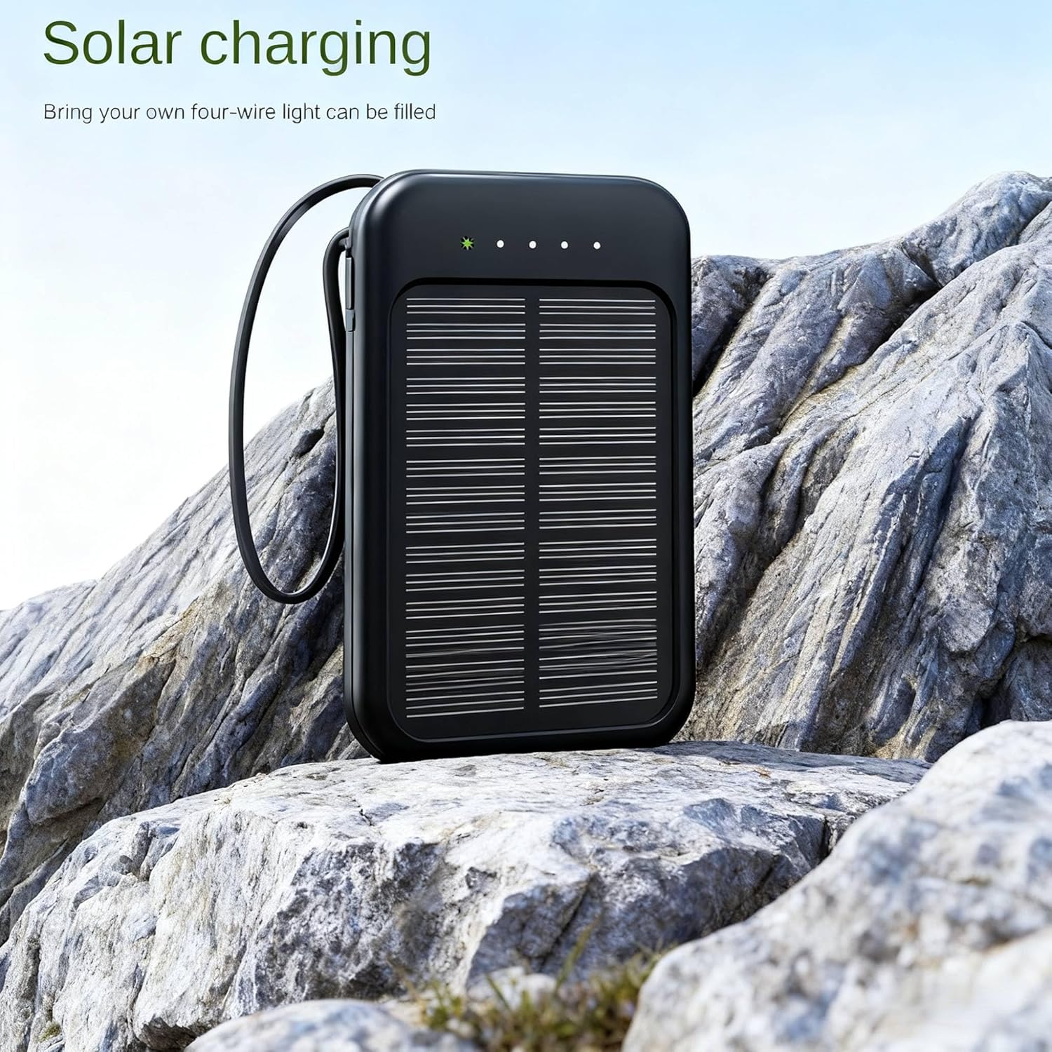 Solar Power Bank 10000mAh,Small Solar Charger Built in 4 Cables,USB C Input/Output,Dual Flashlight External Battery Portable Charger Power Bank for iPhone,Tablet,Samsung
