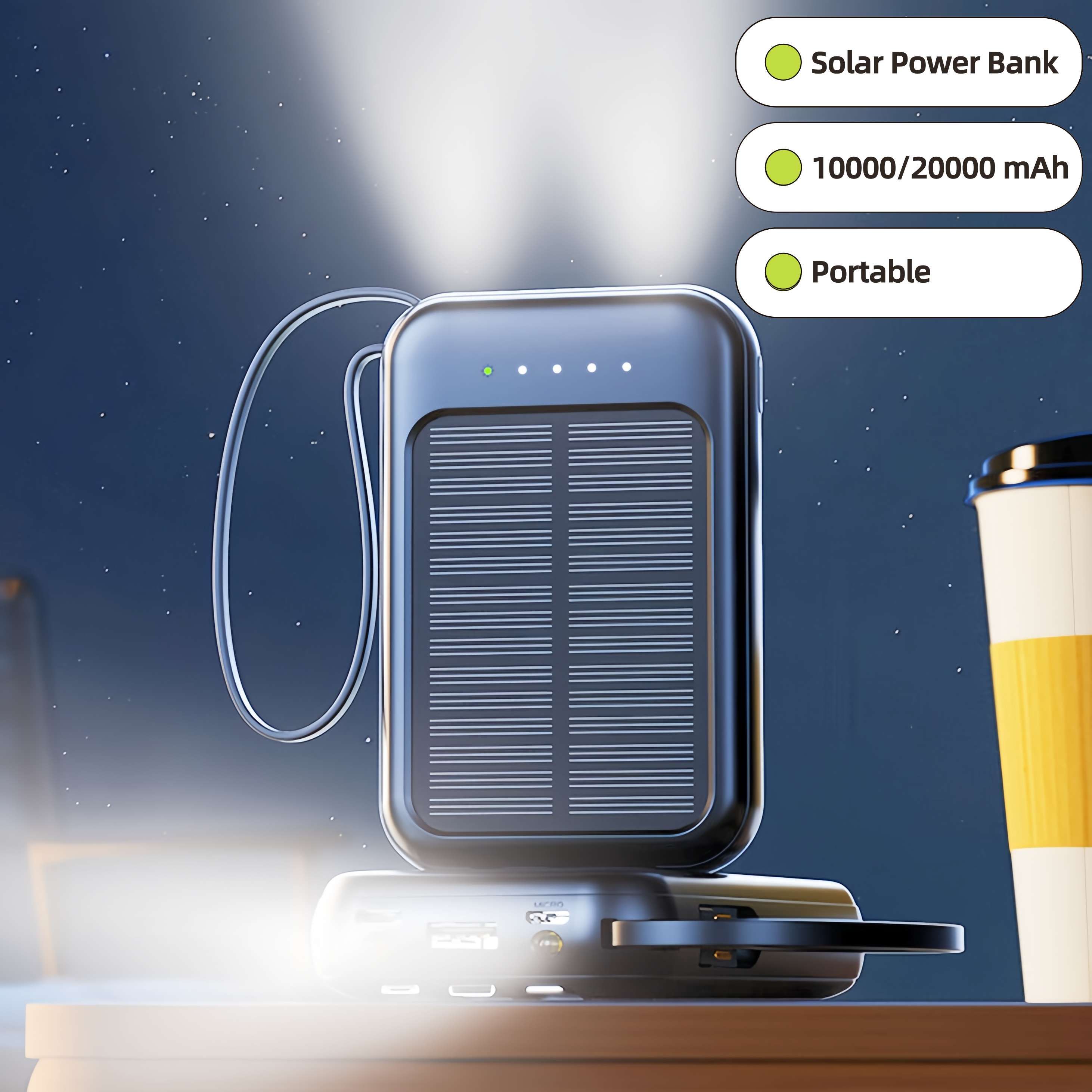 Solar Power Bank 10000mAh,Small Solar Charger Built in 4 Cables,USB C Input/Output,Dual Flashlight External Battery Portable Charger Power Bank for iPhone,Tablet,Samsung