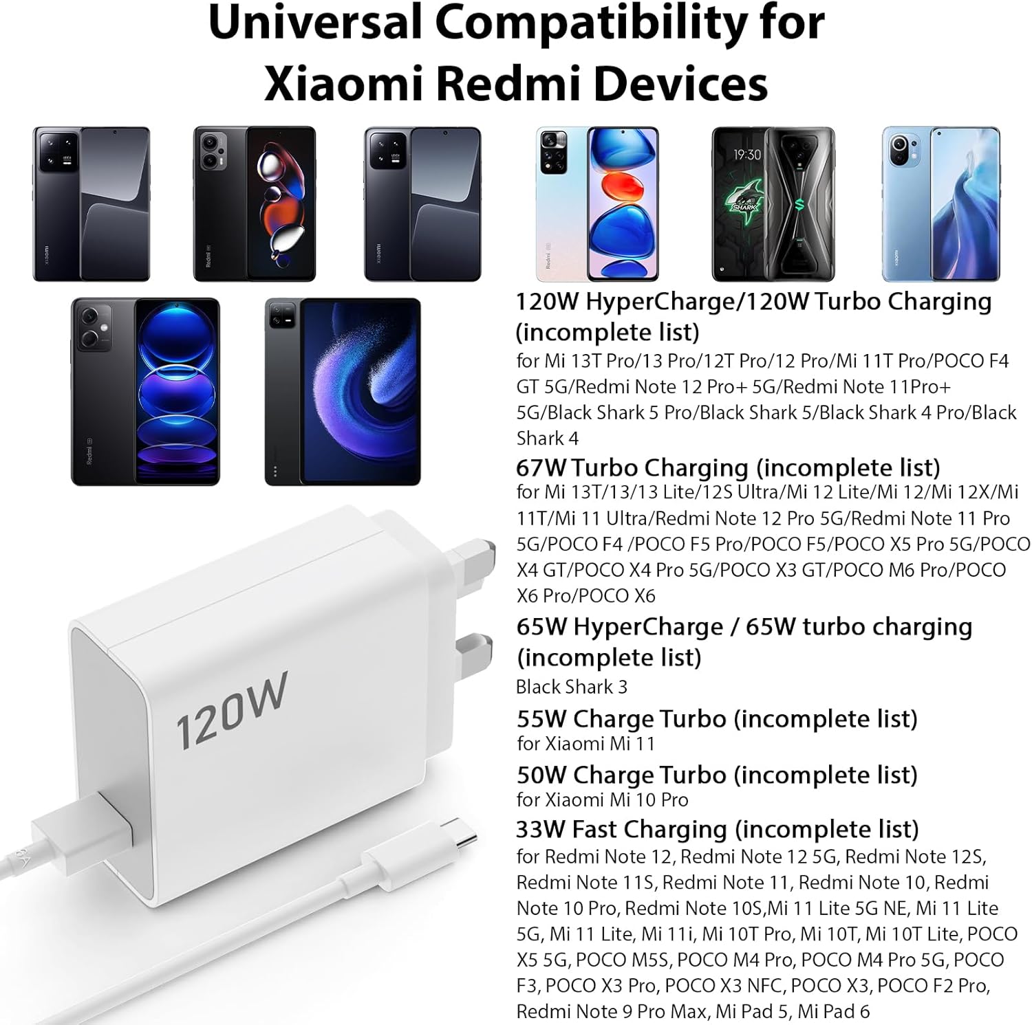 120W USB Plug Turbo/Hypercharge Charger for Xiaomi Redmi Note 14 13 12 11 Pro,USB Fast Charger Plug Turbo Charging Cable 1M Wall Charger UK Power Adapter for Mi 17 15T 14T 13 12X 11T POCO F8 X7 X6 Pro