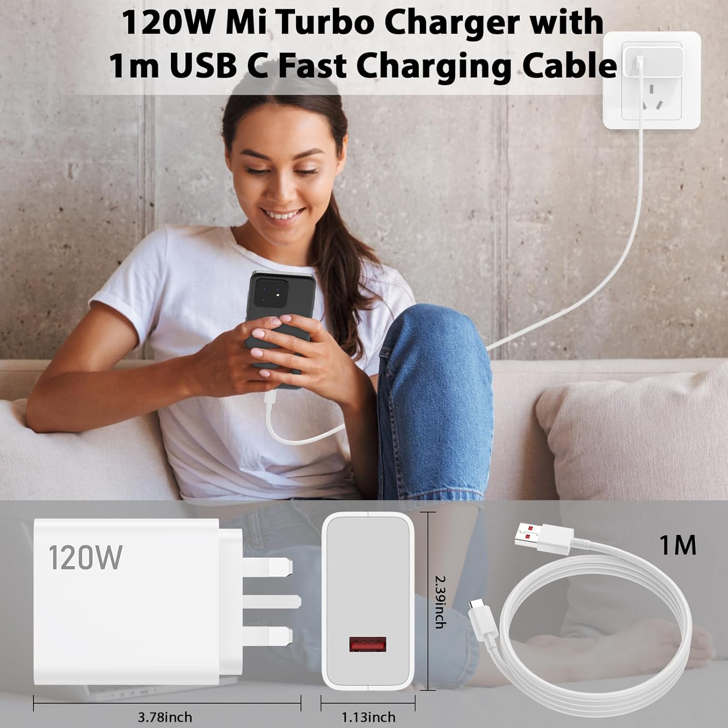 120W USB Plug Turbo/Hypercharge Charger for Xiaomi Redmi Note 14 13 12 11 Pro,USB Fast Charger Plug Turbo Charging Cable 1M Wall Charger UK Power Adapter for Mi 17 15T 14T 13 12X 11T POCO F8 X7 X6 Pro