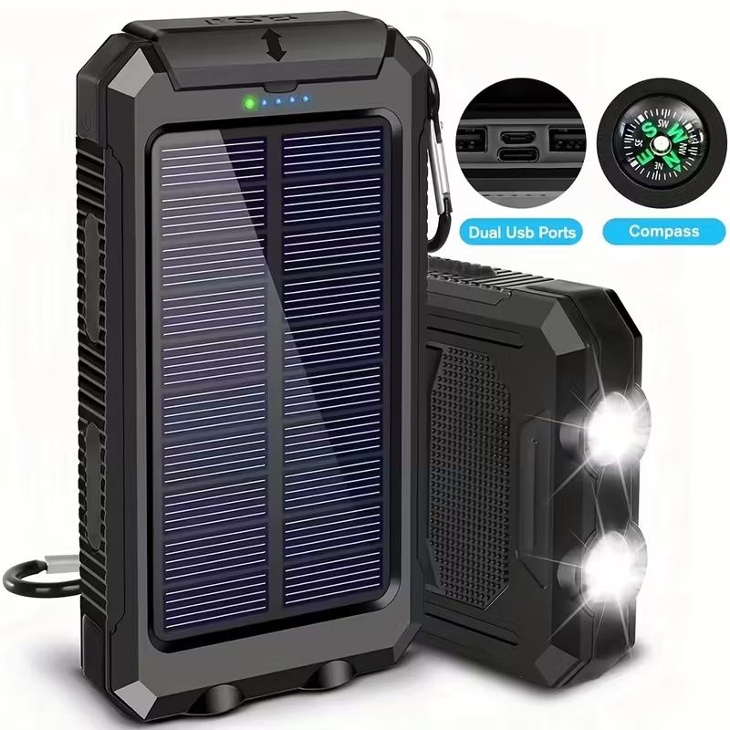 Portable Solar Mobile Phone Charger, Camping External Battery Charger For Mobile Phones, 2 USB/ LED Flashlights With Compass For Outdoor Activities, 20000mAh Portable Solar Power Bank