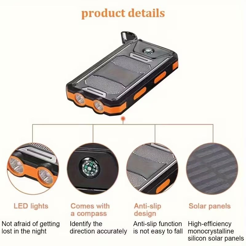Portable Solar Mobile Phone Charger, Camping External Battery Charger For Mobile Phones, 2 USB/ LED Flashlights With Compass For Outdoor Activities, 20000mAh Portable Solar Power Bank