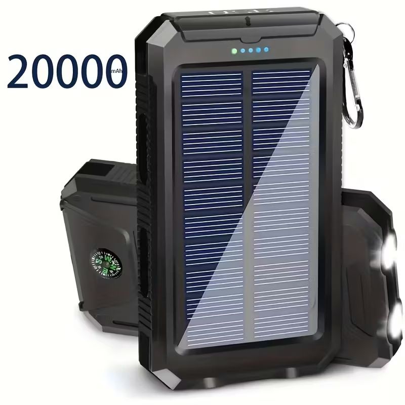 Portable Solar Mobile Phone Charger, Camping External Battery Charger For Mobile Phones, 2 USB/ LED Flashlights With Compass For Outdoor Activities, 20000mAh Portable Solar Power Bank