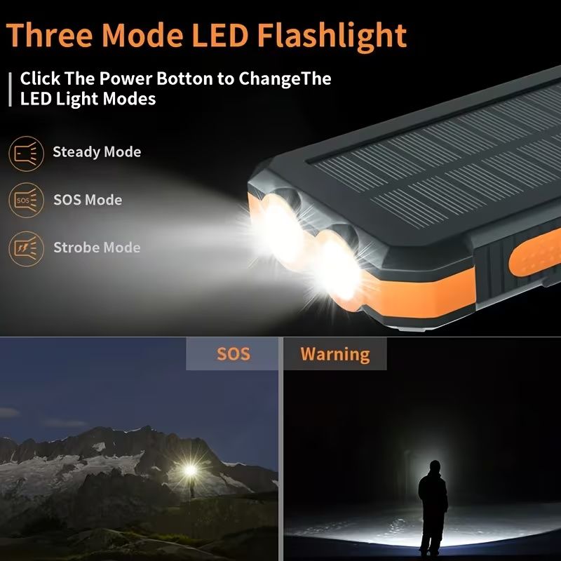 Portable Solar Mobile Phone Charger, Camping External Battery Charger For Mobile Phones, 2 USB/ LED Flashlights With Compass For Outdoor Activities, 20000mAh Portable Solar Power Bank