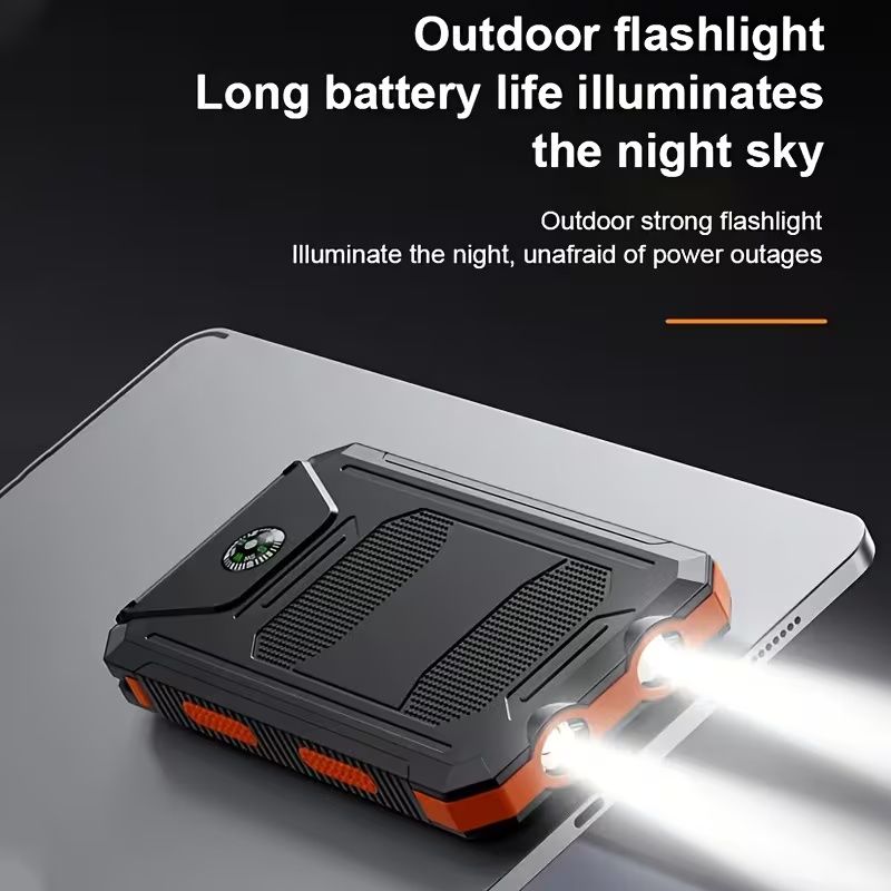 Portable Solar Mobile Phone Charger, Camping External Battery Charger For Mobile Phones, 2 USB/ LED Flashlights With Compass For Outdoor Activities, 20000mAh Portable Solar Power Bank