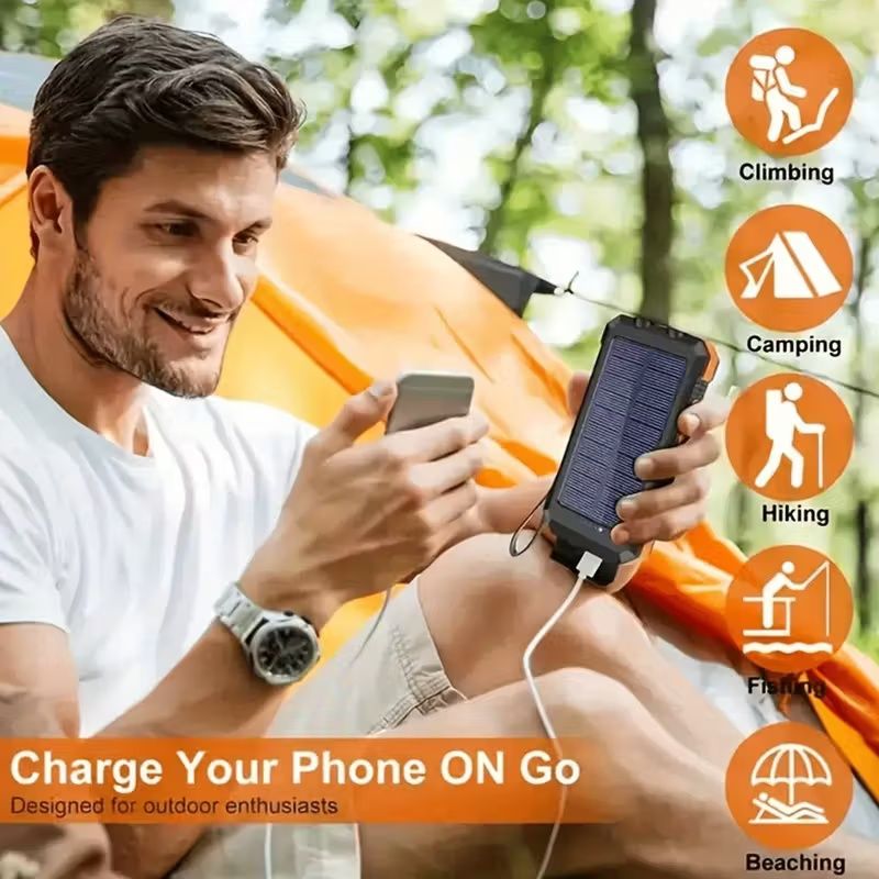 Portable Solar Mobile Phone Charger, Camping External Battery Charger For Mobile Phones, 2 USB/ LED Flashlights With Compass For Outdoor Activities, 20000mAh Portable Solar Power Bank