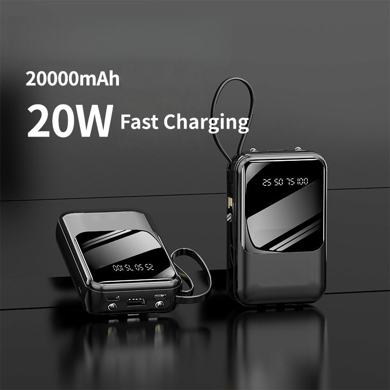 20000mAh Mini Cute 20W Fast Charging Multifunctional Power Bank, Large Capacity Rechargeable Portable Mobile Phone Charger, Built-in 4 Cables, Ultra-bright LED Lights, Outdoor Travel Battery Packs