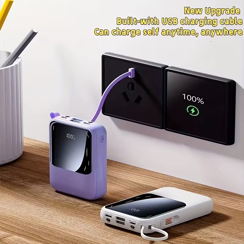 20000mAh Mini Cute 20W Fast Charging Multifunctional Power Bank, Large Capacity Rechargeable Portable Mobile Phone Charger, Built-in 4 Cables, Ultra-bright LED Lights, Outdoor Travel Battery Packs