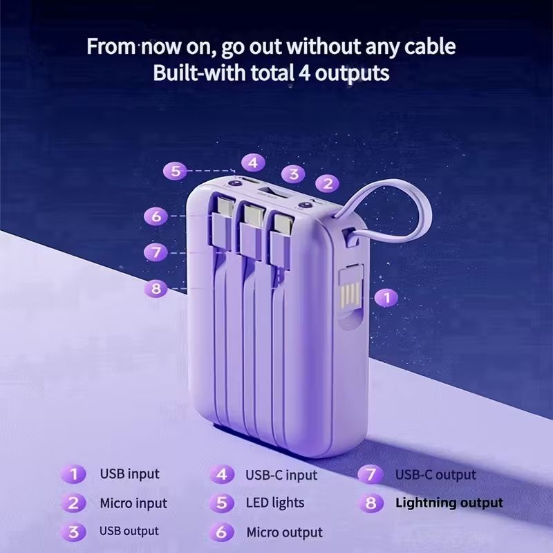 20000mAh Mini Cute 20W Fast Charging Multifunctional Power Bank, Large Capacity Rechargeable Portable Mobile Phone Charger, Built-in 4 Cables, Ultra-bright LED Lights, Outdoor Travel Battery Packs