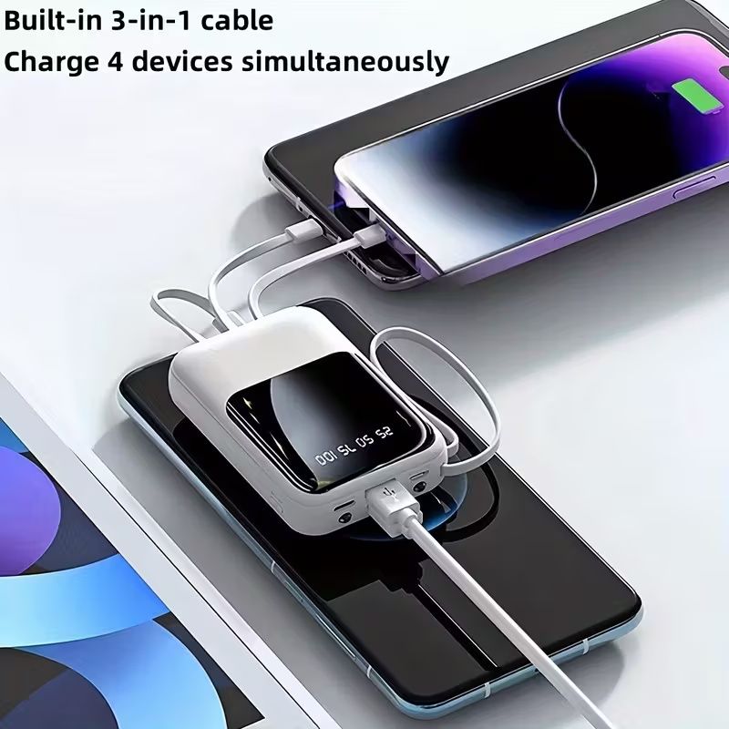 20000mAh Mini Cute 20W Fast Charging Multifunctional Power Bank, Large Capacity Rechargeable Portable Mobile Phone Charger, Built-in 4 Cables, Ultra-bright LED Lights, Outdoor Travel Battery Packs