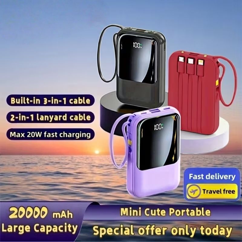 20000mAh Mini Cute 20W Fast Charging Multifunctional Power Bank, Large Capacity Rechargeable Portable Mobile Phone Charger, Built-in 4 Cables, Ultra-bright LED Lights, Outdoor Travel Battery Packs