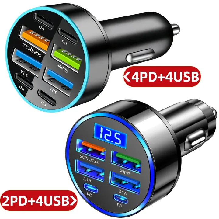 6/8 Ports Fast Car Charger with Voltage Monitor,Car Cigarette Lighter USB Charger (PD+QC3.0) Compatible with iphone13/14/15 & Most Android Models,Car Must Haves USB C Car Charger
