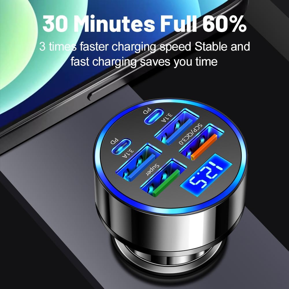 6/8 Ports Fast Car Charger with Voltage Monitor,Car Cigarette Lighter USB Charger (PD+QC3.0) Compatible with iphone13/14/15 & Most Android Models,Car Must Haves USB C Car Charger