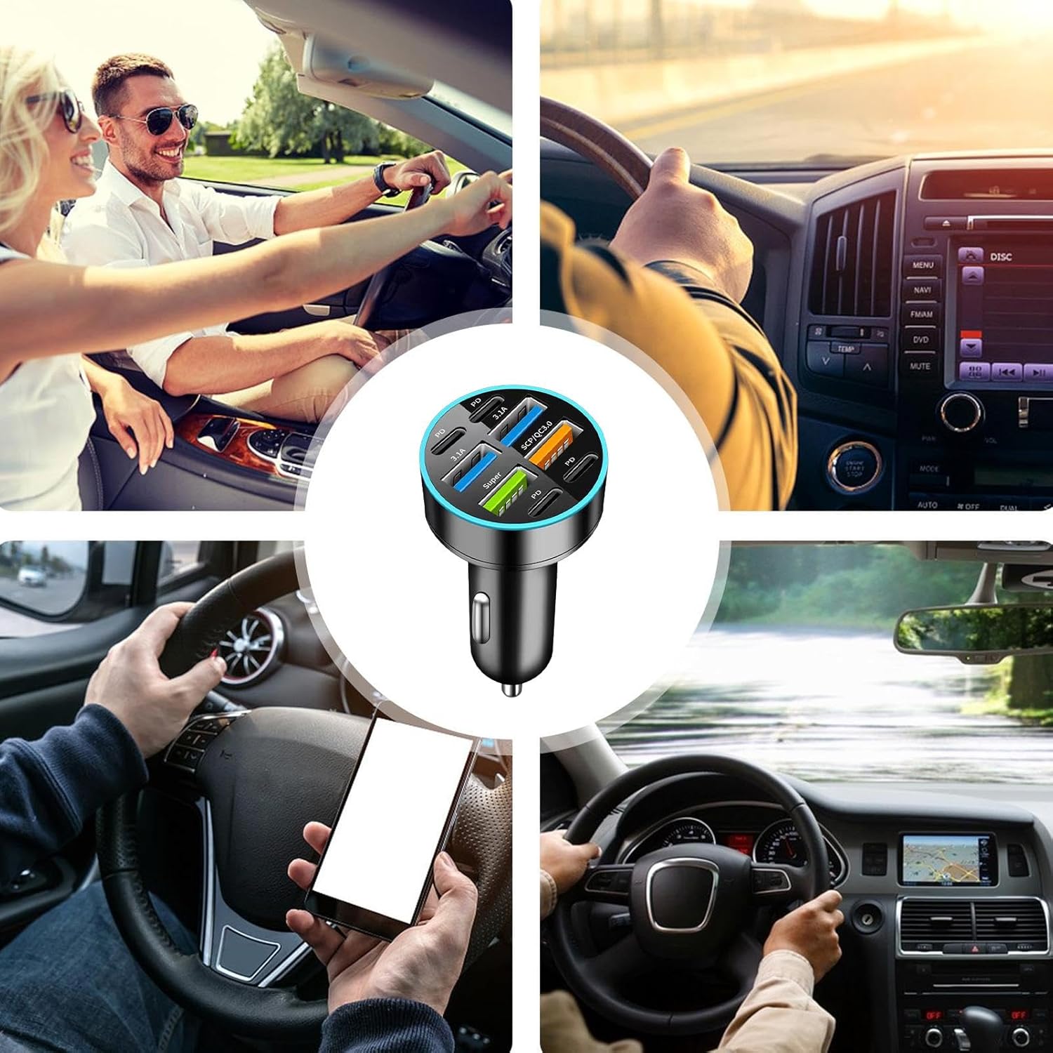 6/8 Ports Fast Car Charger with Voltage Monitor,Car Cigarette Lighter USB Charger (PD+QC3.0) Compatible with iphone13/14/15 & Most Android Models,Car Must Haves USB C Car Charger