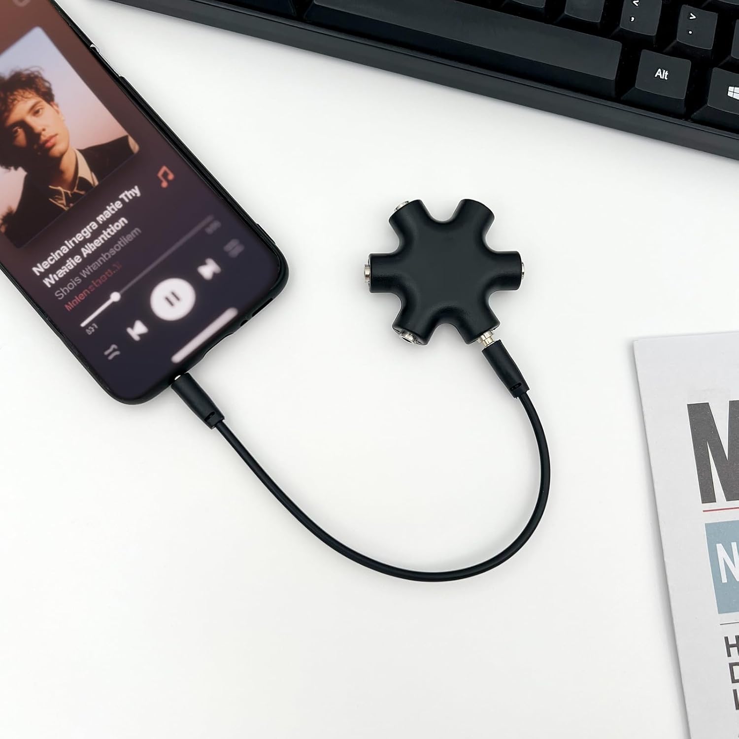 Headphone Splitter - 5-Jack 3.5mm Audio Stereo Adapter for Headsets, Earbuds, Earphones - 1 Male to 4 Female With Stereo Cable