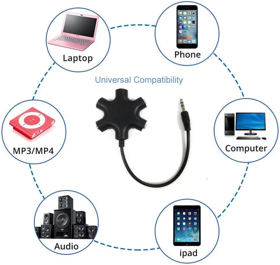 Headphone Splitter - 5-Jack 3.5mm Audio Stereo Adapter for Headsets, Earbuds, Earphones - 1 Male to 4 Female With Stereo Cable