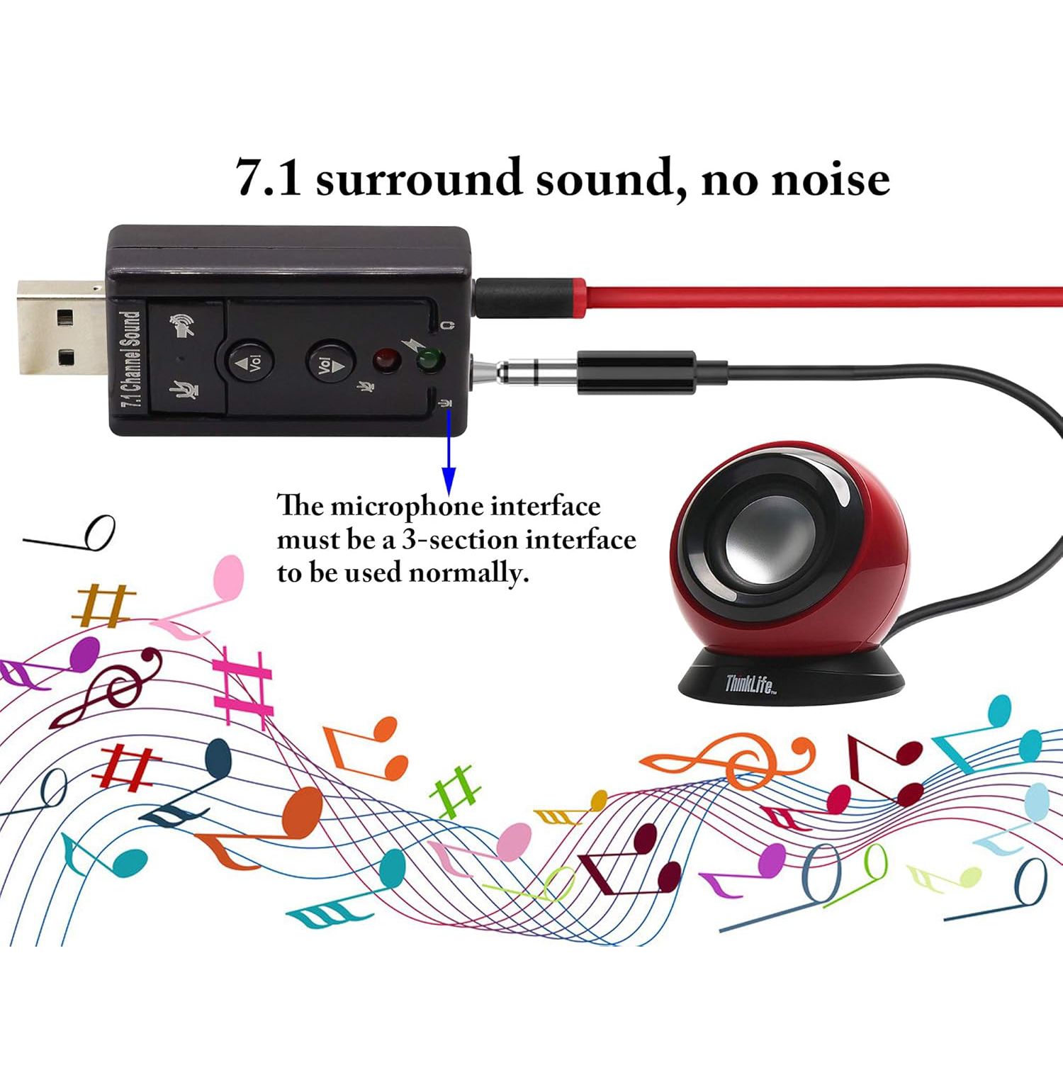 Hi-Speed USB 2.0 7.1-Channel Virtual USB 3D Stereo Audio Adapter External Sound Card with 3.5 mm Audio and Microphone Ports, Internal Amplifier and Volume Controls