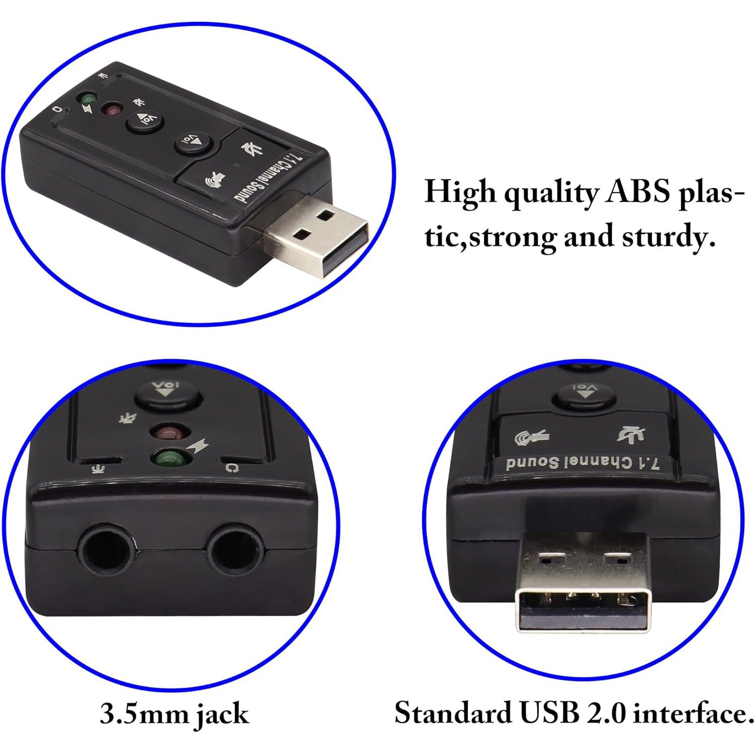 Hi-Speed USB 2.0 7.1-Channel Virtual USB 3D Stereo Audio Adapter External Sound Card with 3.5 mm Audio and Microphone Ports, Internal Amplifier and Volume Controls