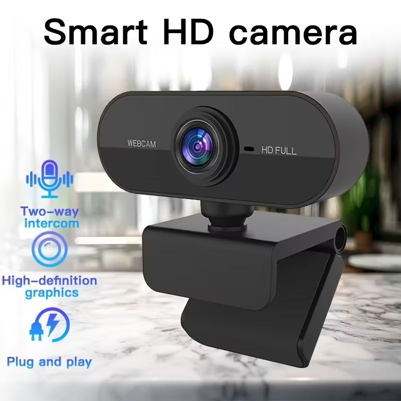 Smart HD Webcam with Microphone, 1080P Full HD Video Conference Camera, Two-Way Intercom, Auto Focus, Plug & Play, Black, High-Definition Streaming for Work, Classroom, or Meetings, Webcam for Pc