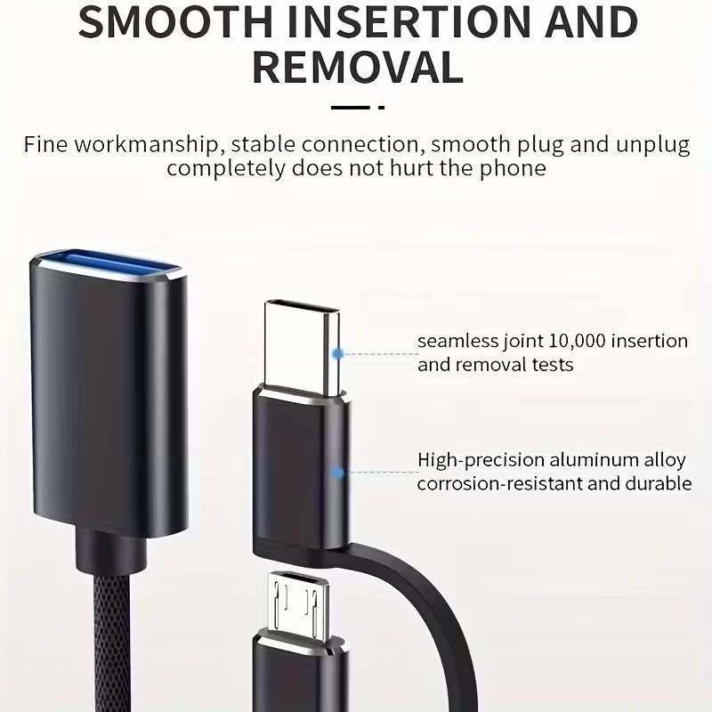 2-in-1 Type-C to USB-C OTG Cable with Micro USB & Type-C Connectors - High-Speed Data Transfer, Compact Design for Smartphones, Tablets, Laptops, and USB Drives, USB-C Cable, Tablet Charging