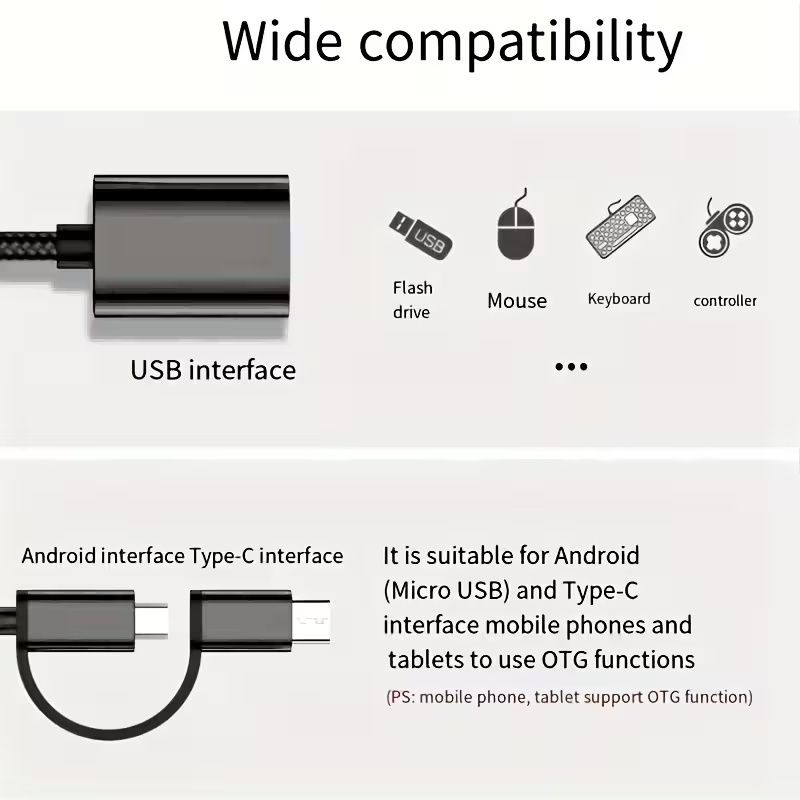 2-in-1 Type-C to USB-C OTG Cable with Micro USB & Type-C Connectors - High-Speed Data Transfer, Compact Design for Smartphones, Tablets, Laptops, and USB Drives, USB-C Cable, Tablet Charging
