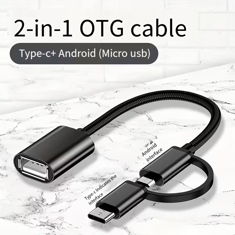 2-in-1 Type-C to USB-C OTG Cable with Micro USB & Type-C Connectors - High-Speed Data Transfer, Compact Design for Smartphones, Tablets, Laptops, and USB Drives, USB-C Cable, Tablet Charging