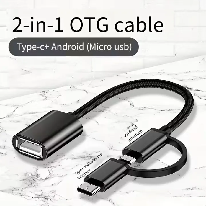 2-in-1 Type-C to USB-C OTG Cable with Micro USB & Type-C Connectors - High-Speed Data Transfer, Compact Design for Smartphones, Tablets, Laptops, and USB Drives, USB-C Cable, Tablet Charging