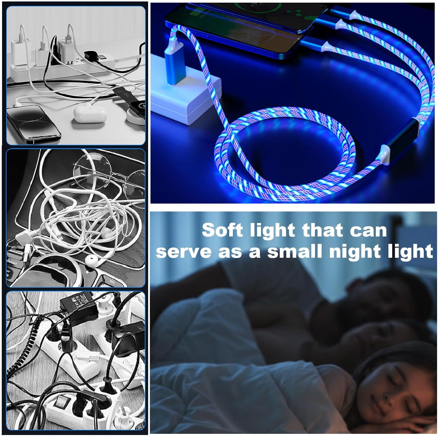 【Clearance Sale】3-in-1 Flowing LED Charging Cable - Fast USB Charger Cord for iPhone, Samsung, Android Phones, Tablets - Compatible with Micro USB/Type-C/Lightning