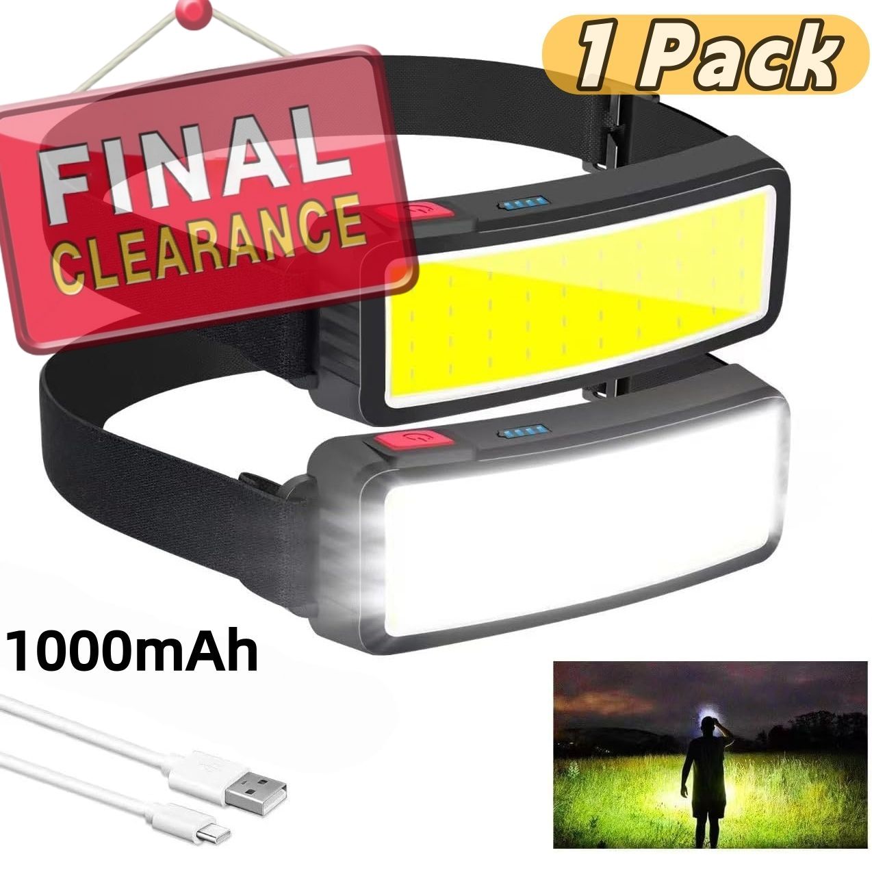 【Clearance Sale】LED Head Torch, Rechargeable COB Head Torch Super Bright Headlamps Lightweight Waterproof Headlight 3 Modes Work Light, 1000mAh Adjustable LED Headlamp for Camping, Hiking, Fishing