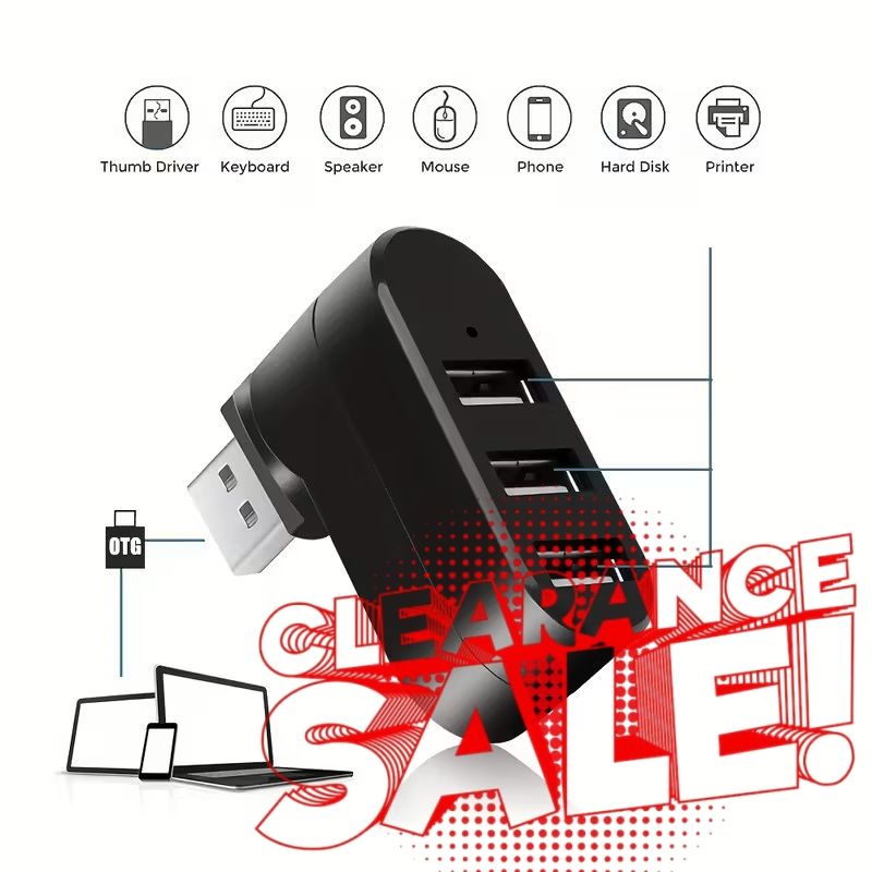 【Clearance Sale】USB Port Splitter, USB 3 Port Compact Portable Rotatable HUB, USB Hub Dock [90°/180° Degree Rotatable] for PC Laptop Notebook and More - Black