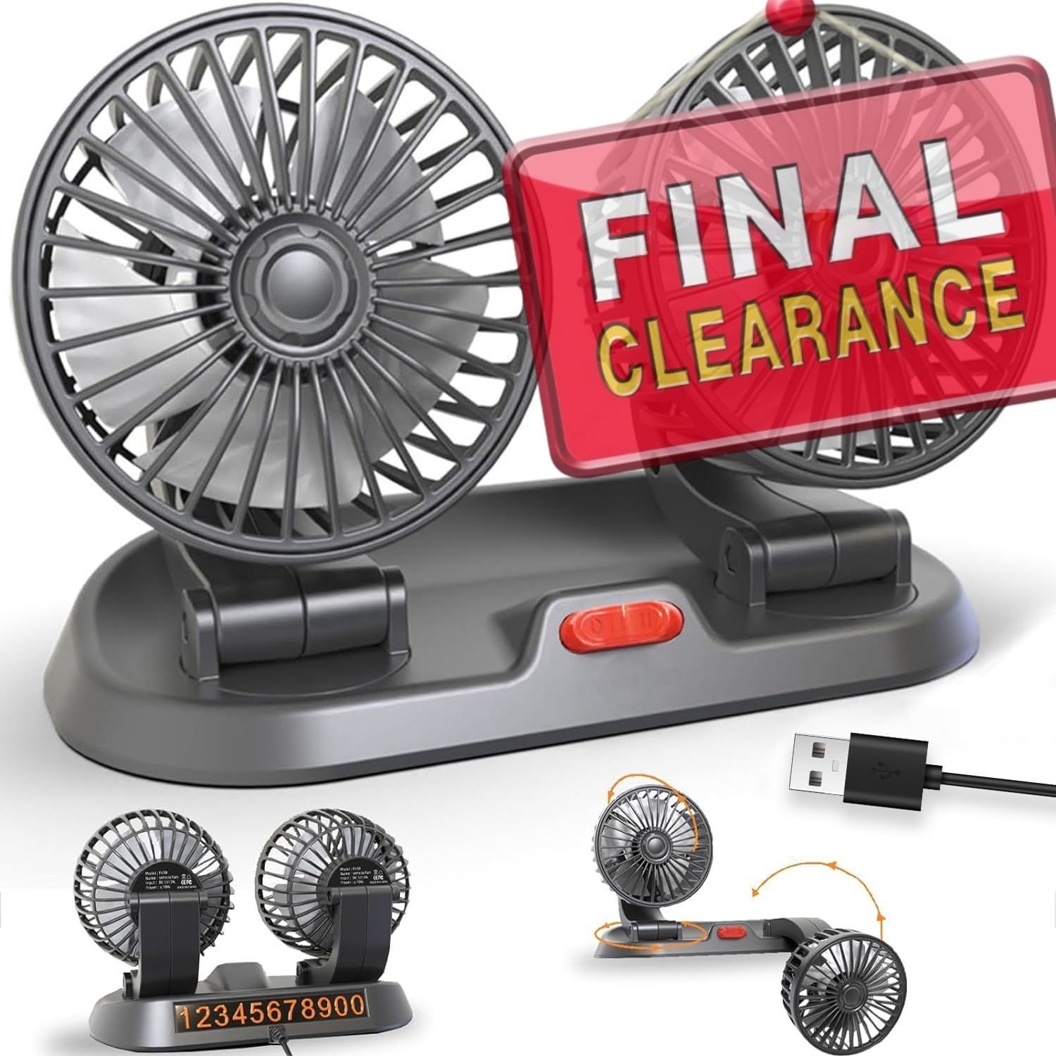【Clearance Sale】Head USB Fan for Car, Portable Vehicle Cooling Fan - Brushless Motor, 2 Speeds, 360° Rotation, for Car Dashboard, SUV/RV/Truck/Sedan/Cruise, USB Powered