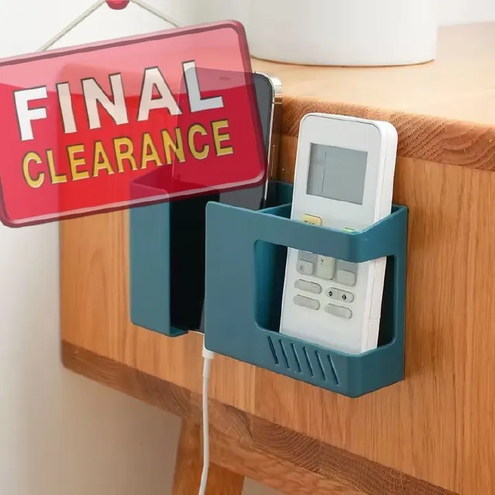 【Clearance Sale】1pc Vintage Style Wall-Mounted Phone & Remote Control Holder - No-Drill, Multi-Room Compatible Plastic Storage Organizer for Bedside or Desk, Teal Color, Dual Compartments