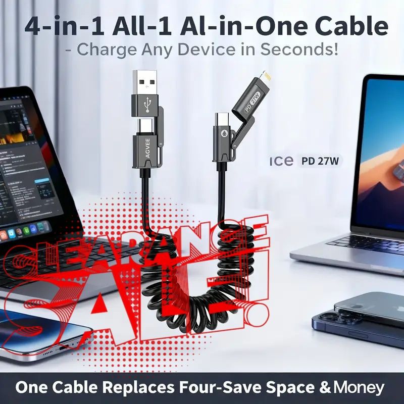 【Clearance Sale】4-in-1 Coiled USB Cable - 65W USB C Fast Charging for Phone,Laptop and Other Devices,Coiled Silicone Cable,1.5M