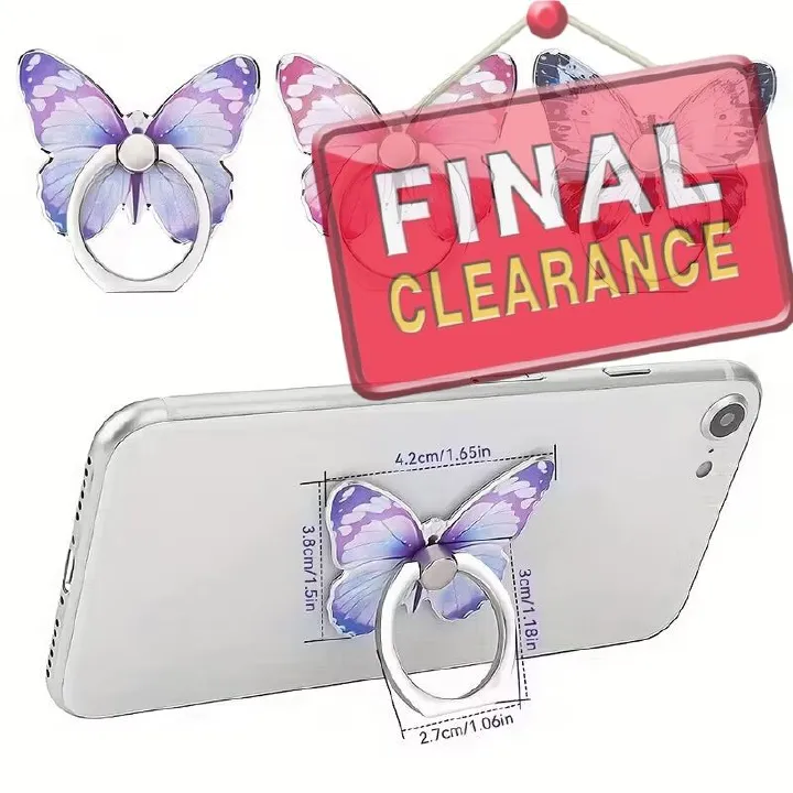 【Clearance Sale】360° Rotation Metal Finger Stand Cute Butterfly Patterned Phone Ring Stand Holder with Knob Loop for Secure Grip