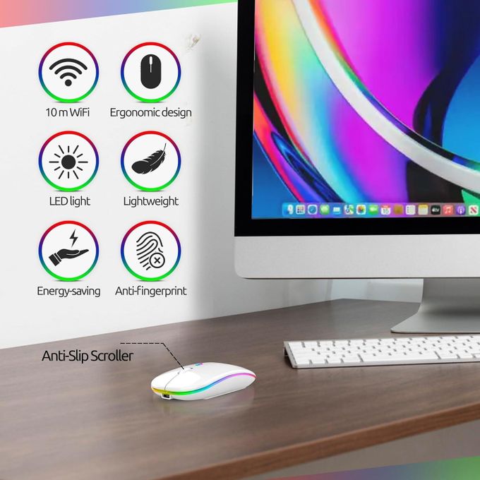 LED Wireless Slim Silent Dual-Mode 2.4G+BT Rechargeable Multi-Color Mouse with USB Receiver