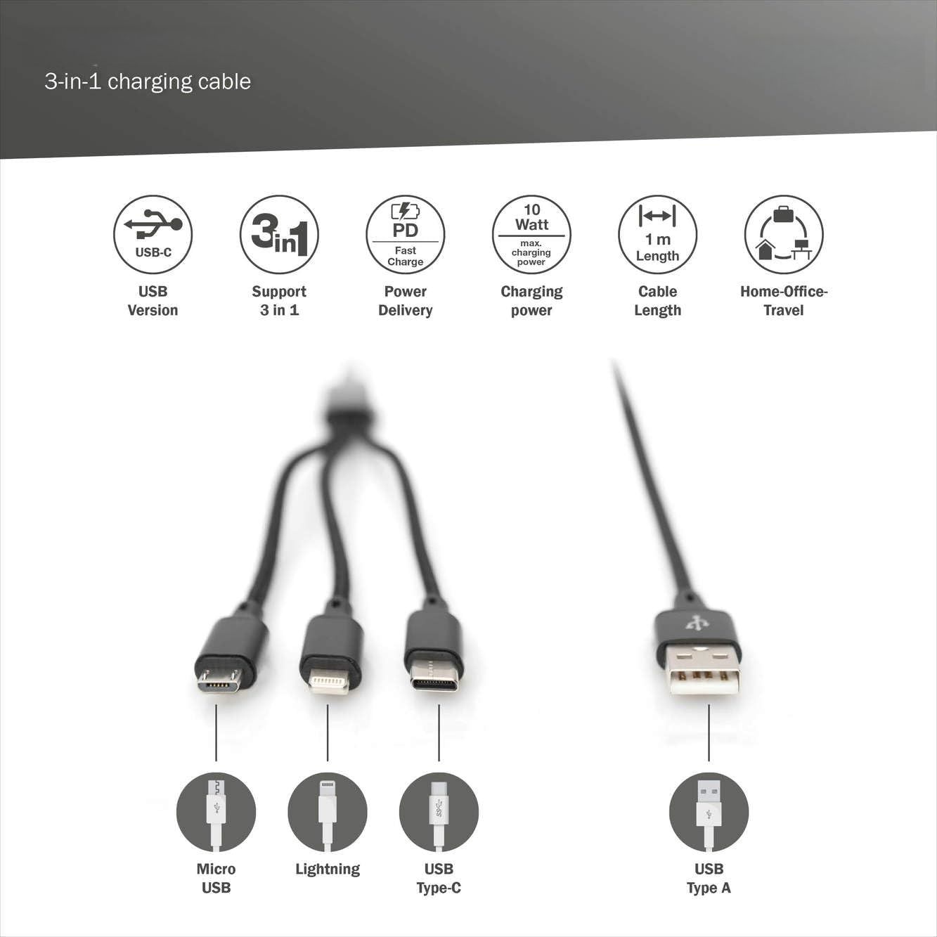 【Final Clearance】3-in-1 charging cable – 1.0 m – USB-A to Type C, Micro B, Lightning – 12 W – for smartphones, tablets, power banks