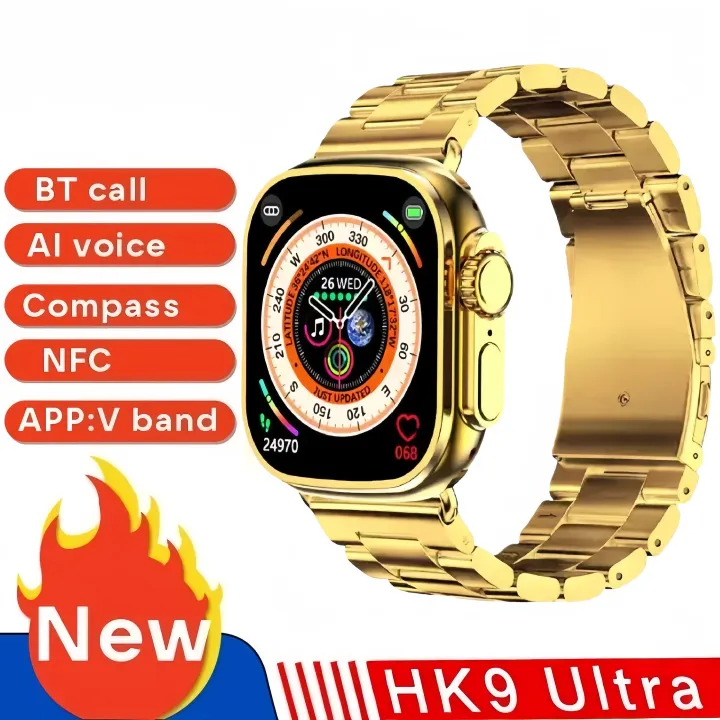 Ultra HK9 Smart Watch Golden Smartwatch Bluetooth Waterproof Sports Smartwatch with Real Screw Buckle Metal Dual Band Business Luxury Watches