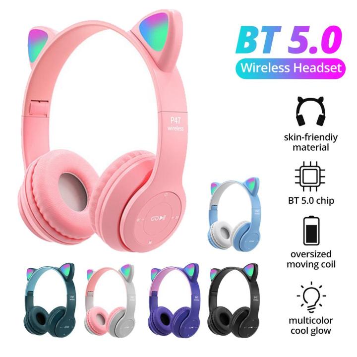 Cat Ear Bluetooth Headset, RGB USB Gaming Headset, Cute Retractable Active Noise Cancelling Headphones, Good Gifts for Girls and Kids