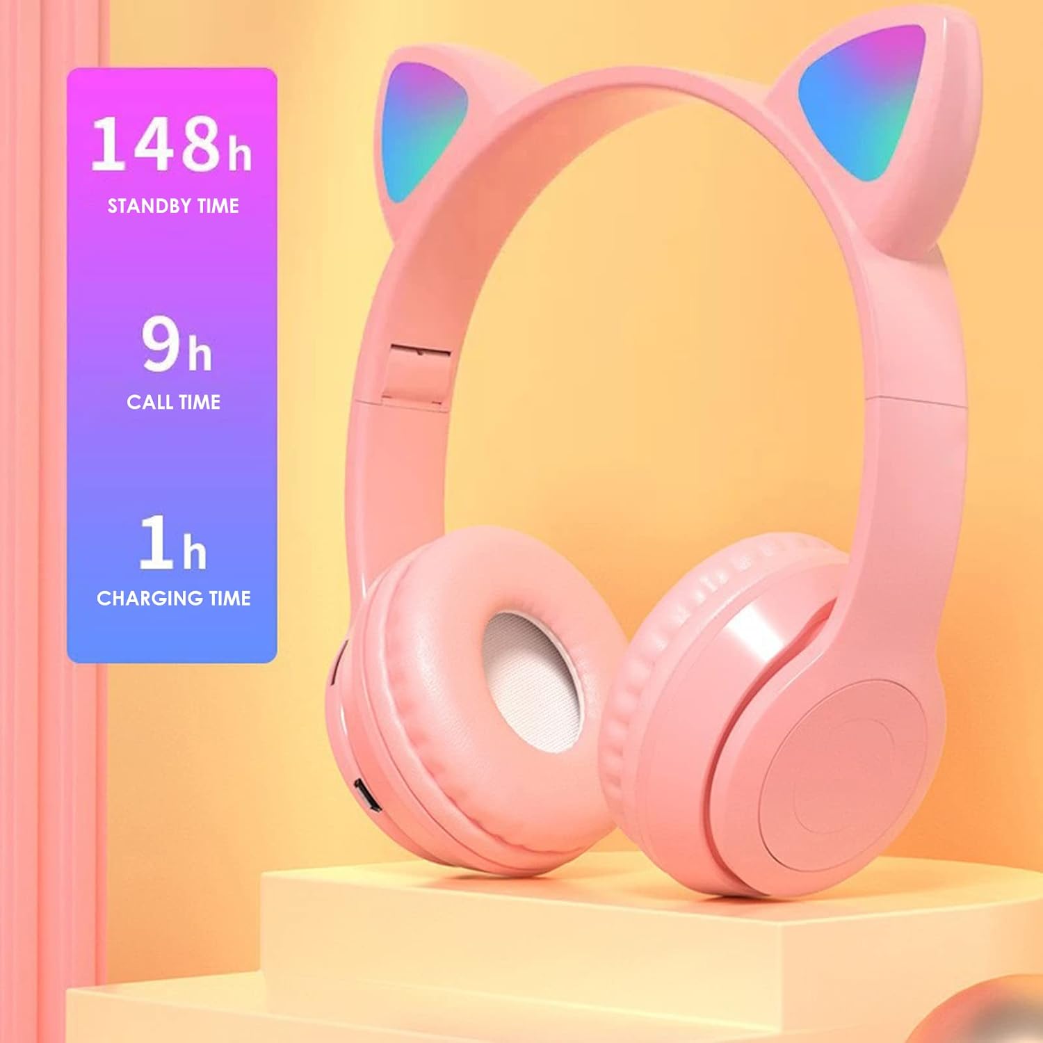 Cat Ear Bluetooth Headset, RGB USB Gaming Headset, Cute Retractable Active Noise Cancelling Headphones, Good Gifts for Girls and Kids
